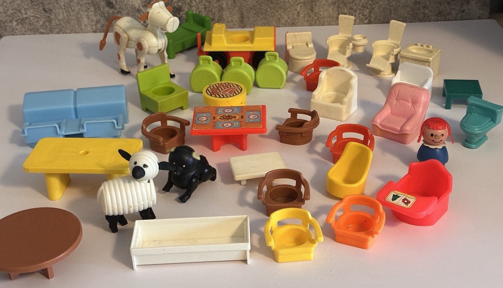 Vintage LOT OF 35 Fisher Price Little People Animals, Chairs, Luggage, Vehicle Vintage LOT OF 35 Fisher Price Little People Animals, Chairs, Luggage, Vehicle