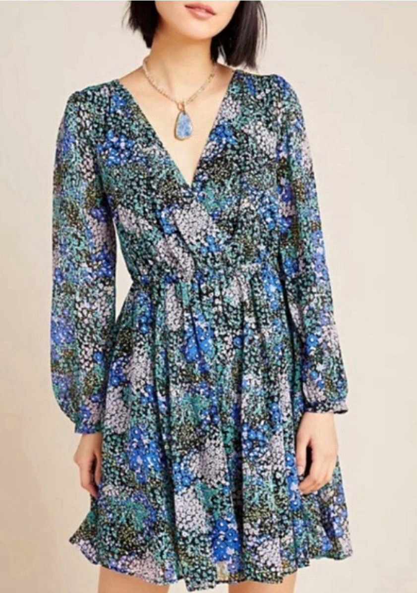 Maeve by Anthropologie Floral Chiffon Smocked V-Neck Mini Dress, S Maeve by Anthropologie Floral Chiffon Smocked V-Neck Mini Dress, S