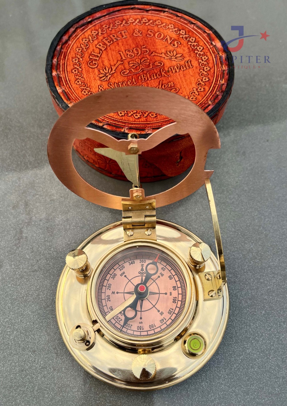Gilbert & Sons Sundial Compass with Wooden Box I Antique Brass Direction Compass