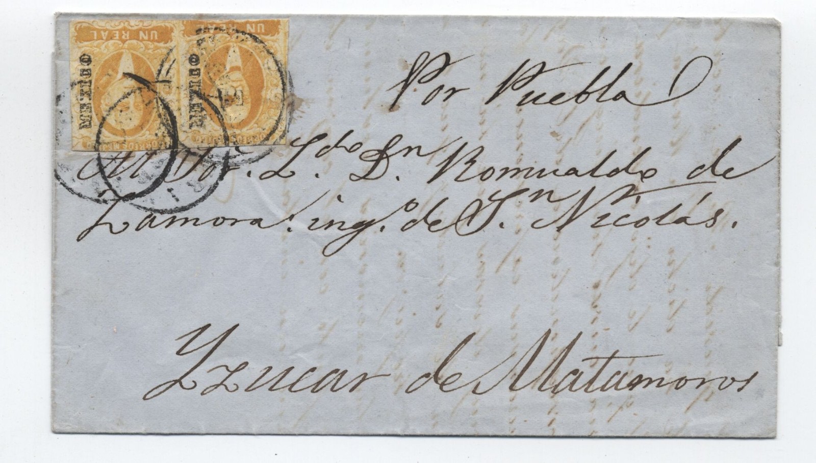 1850s Mexico folded letter 2x 1 real hidalgo Mexico district overprint [y10916]