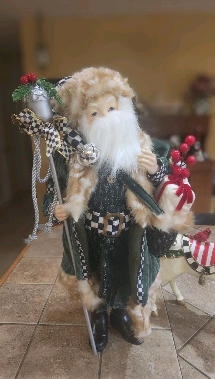 Mackenzie Childs Courtly Check Farmhouse Santa With Staff 20.5\ Mackenzie Childs Courtly Check Farmhouse Santa With Staff 20.5\