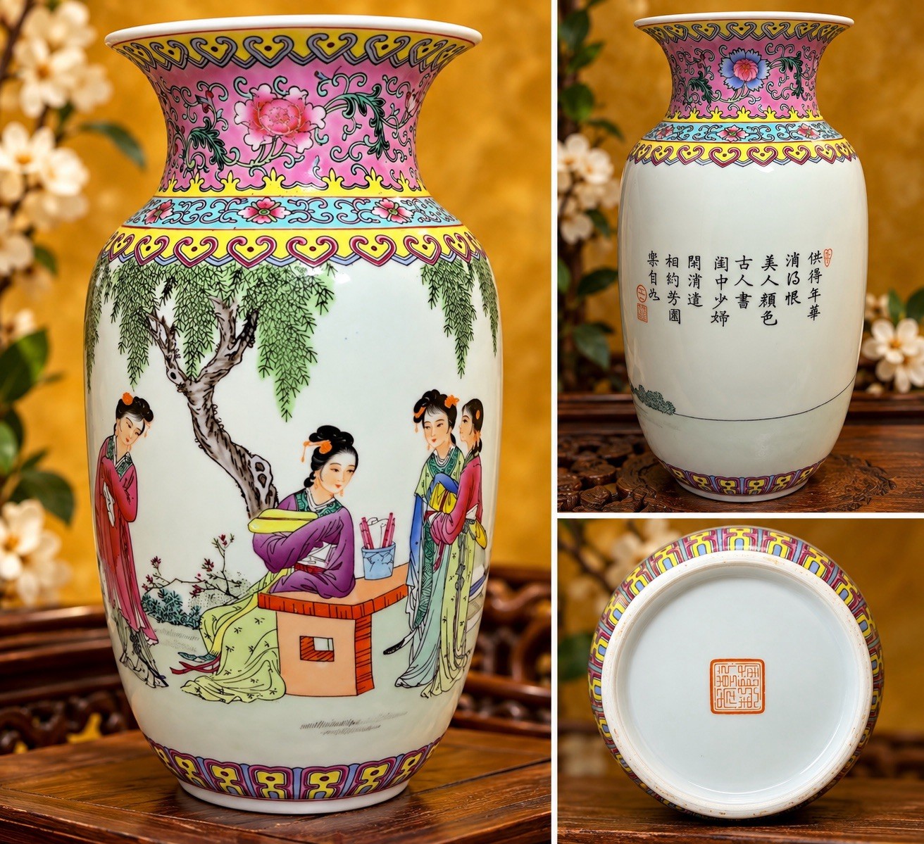 Vintage Chinese Famille Rose Porcelain Vase Court Ladies Poem Qianlong Mark 10”