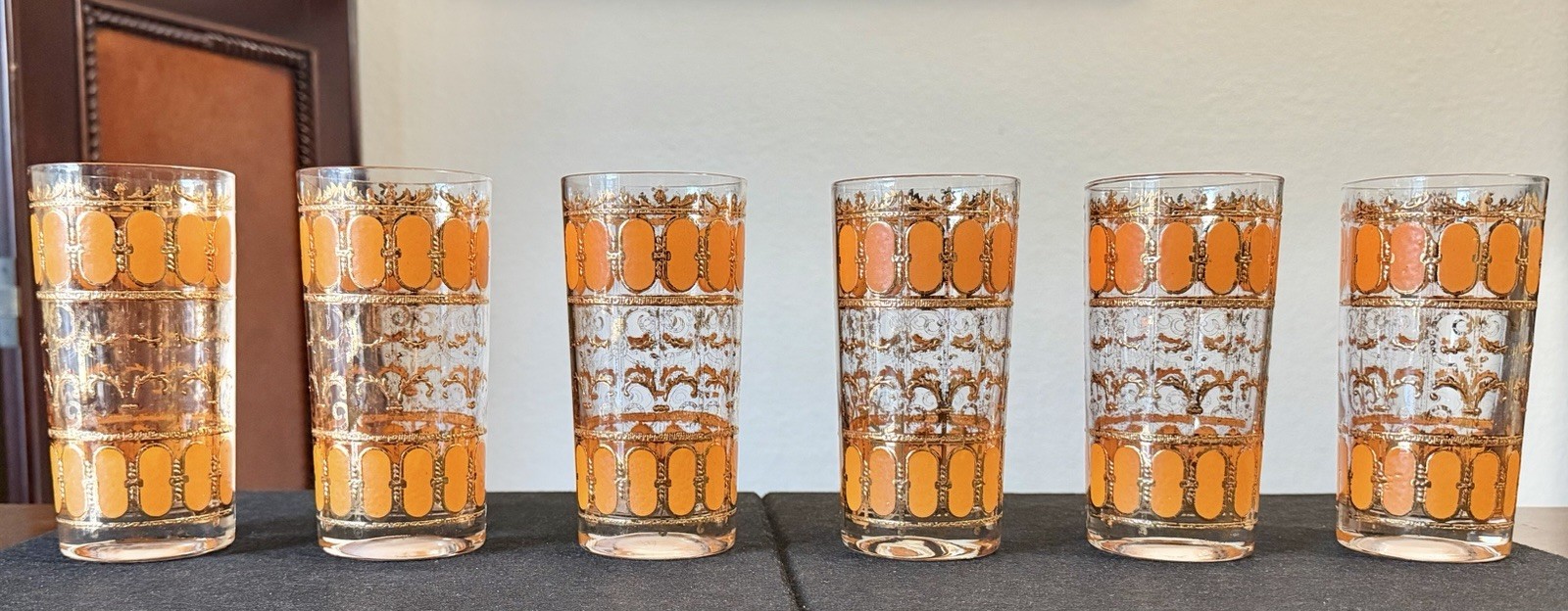 Vintage Culver Ltd 22K Gold Orange Scroll Highball Glass MCM Mid Century 6 Piece
