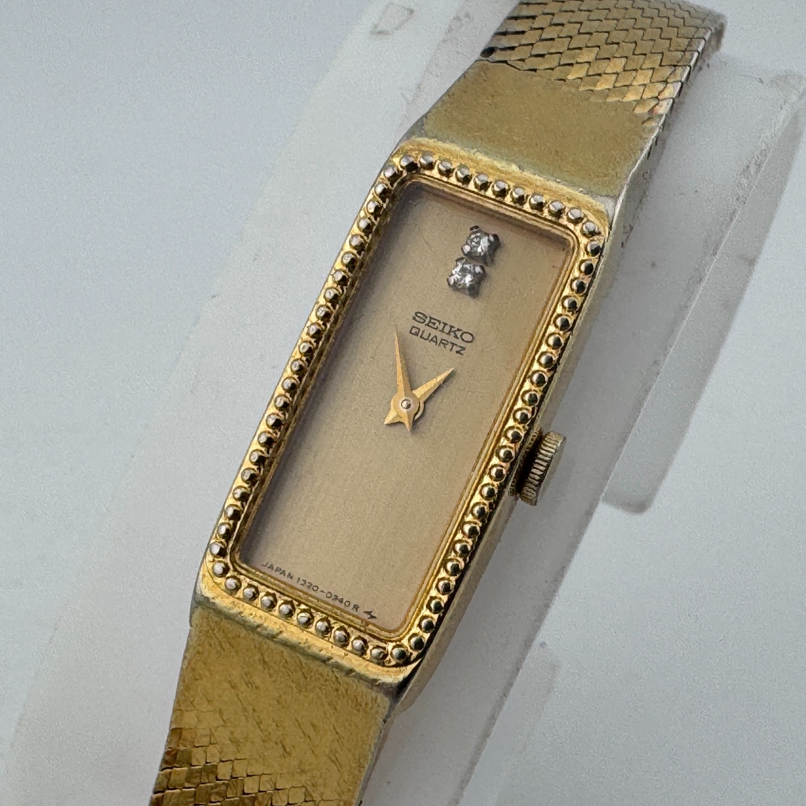 VTG Seiko Quartz Watch 1320-5289 Women Gold Tone Long Rectangle New Batter 5.75\