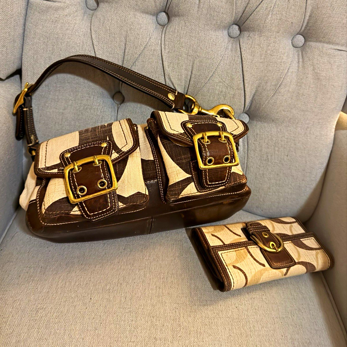 Coach Brown and Cream Signature Vintage Shoulder Bag with Matching Wallet
