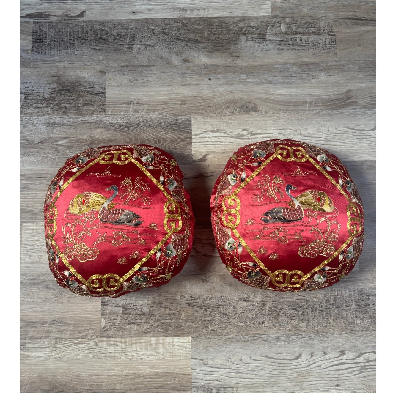 Vintage 70s Golden Cloud Silk Hand Embroidered Chinese Crane Pillow Pair Red