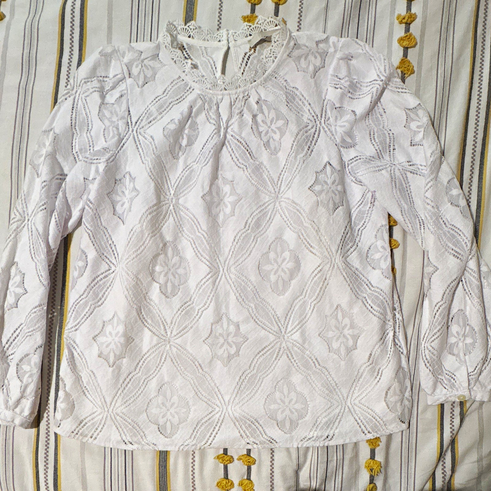 LOFT Floral Lace Lined Blouse, high lace button neck, M, NWT, cotton & nylon