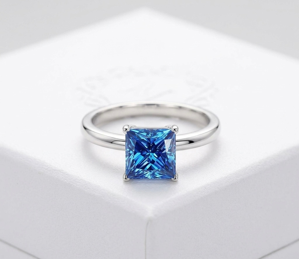 3 CT 8mm Blue Moissanite Princess Cut Engagement Ring Sterling Silver Gift For H 3 CT 8mm Blue Moissanite Princess Cut Engagement Ring Sterling Silver Gift For H