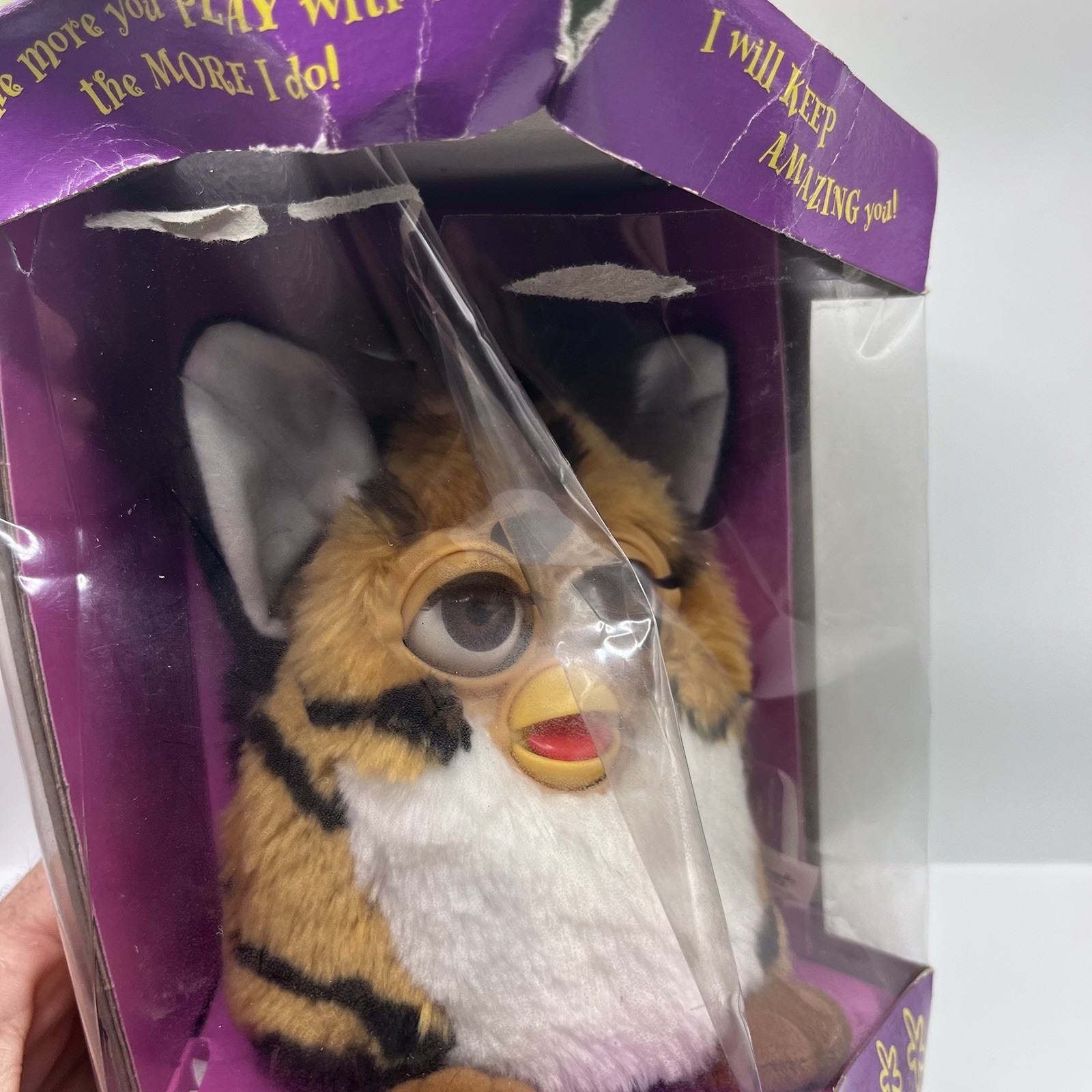 Vintage Furby 1998 Tiger Striped Orange Black Bent Box Never Out Of Box