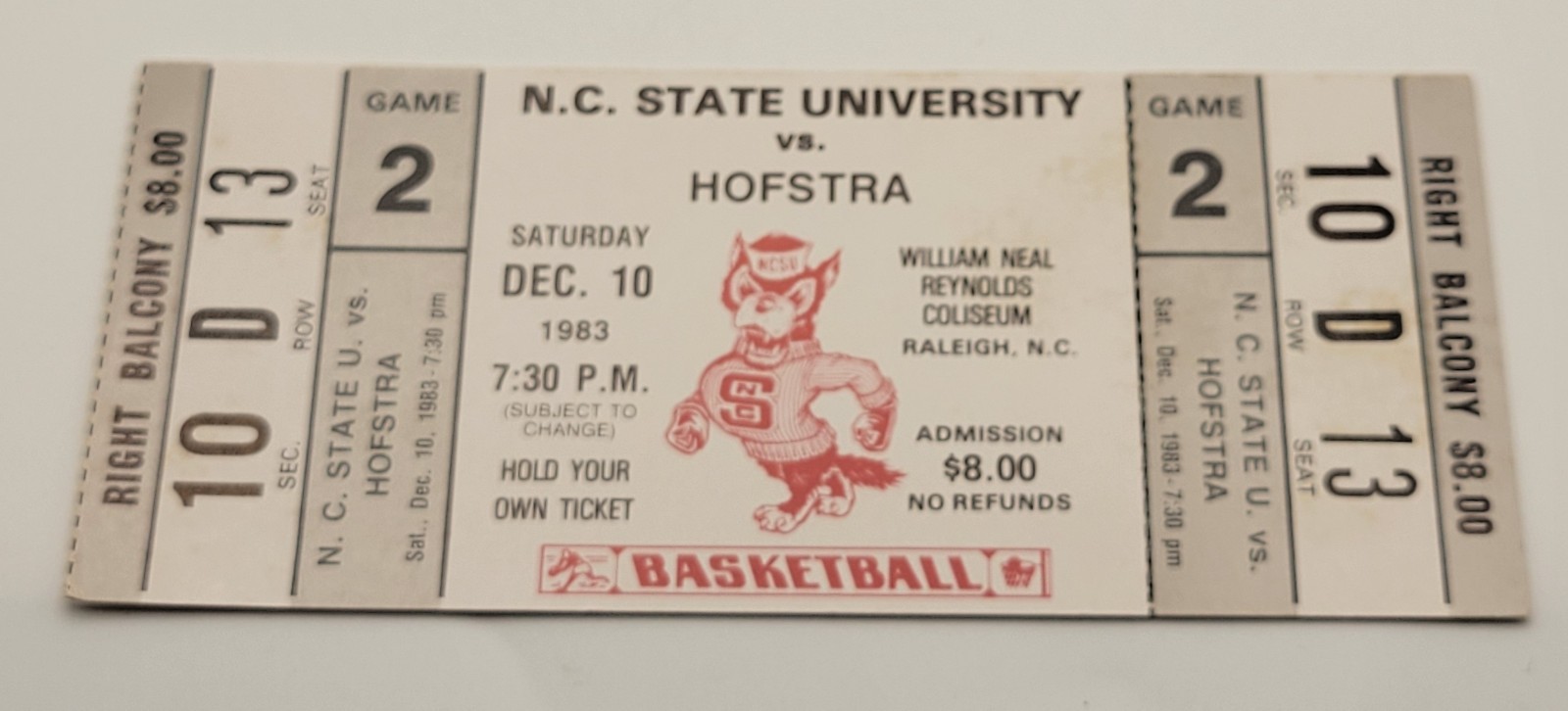 Vintage 1983 NC State Wolfpack Hofstra Basketball Full Ticket Jimmy V Vintage 1983 NC State Wolfpack Hofstra Basketball Full Ticket Jimmy V