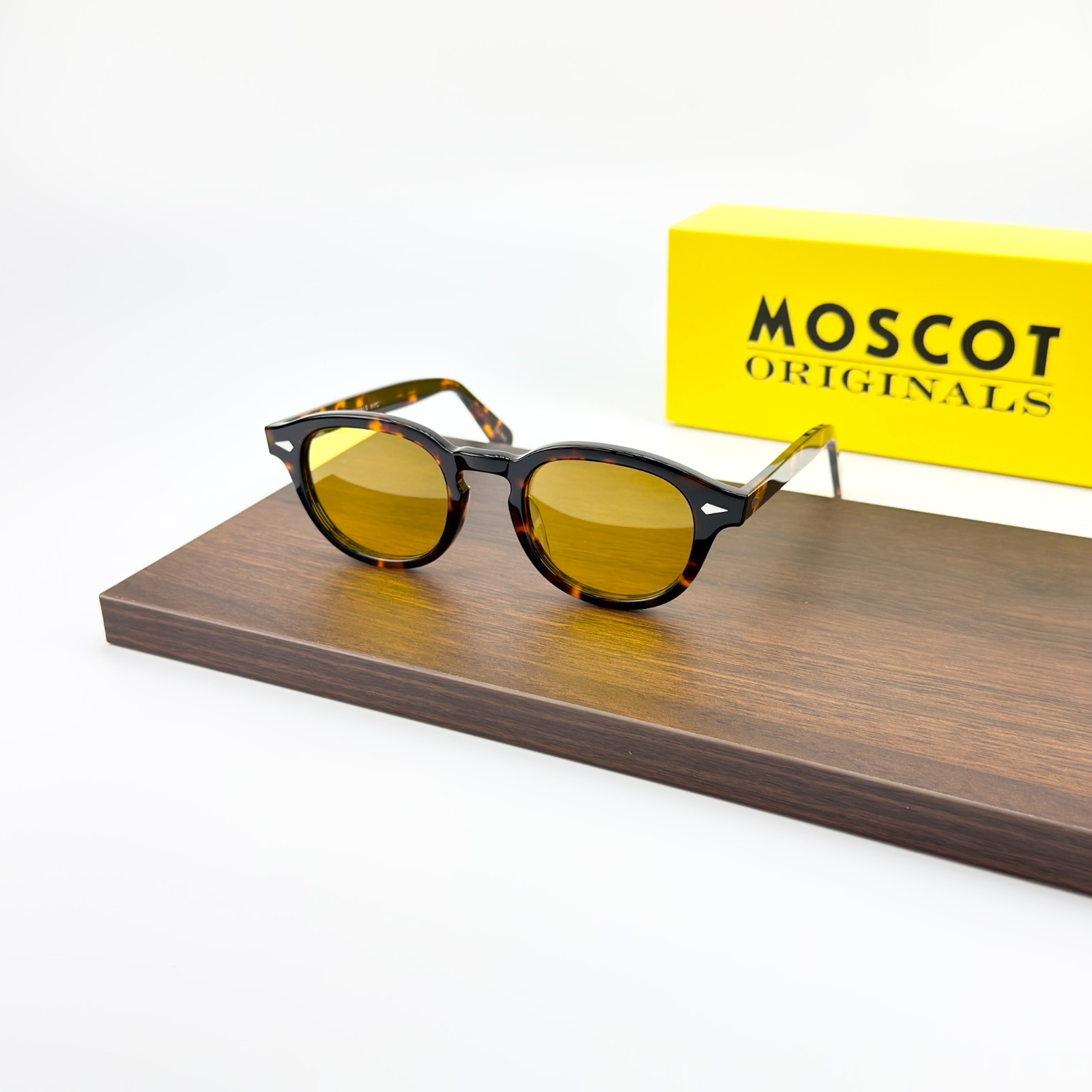 Moscot Lemtosh Tortoise Frame Yellow Lens Sunglasses Handmade 49 Size w/ Case