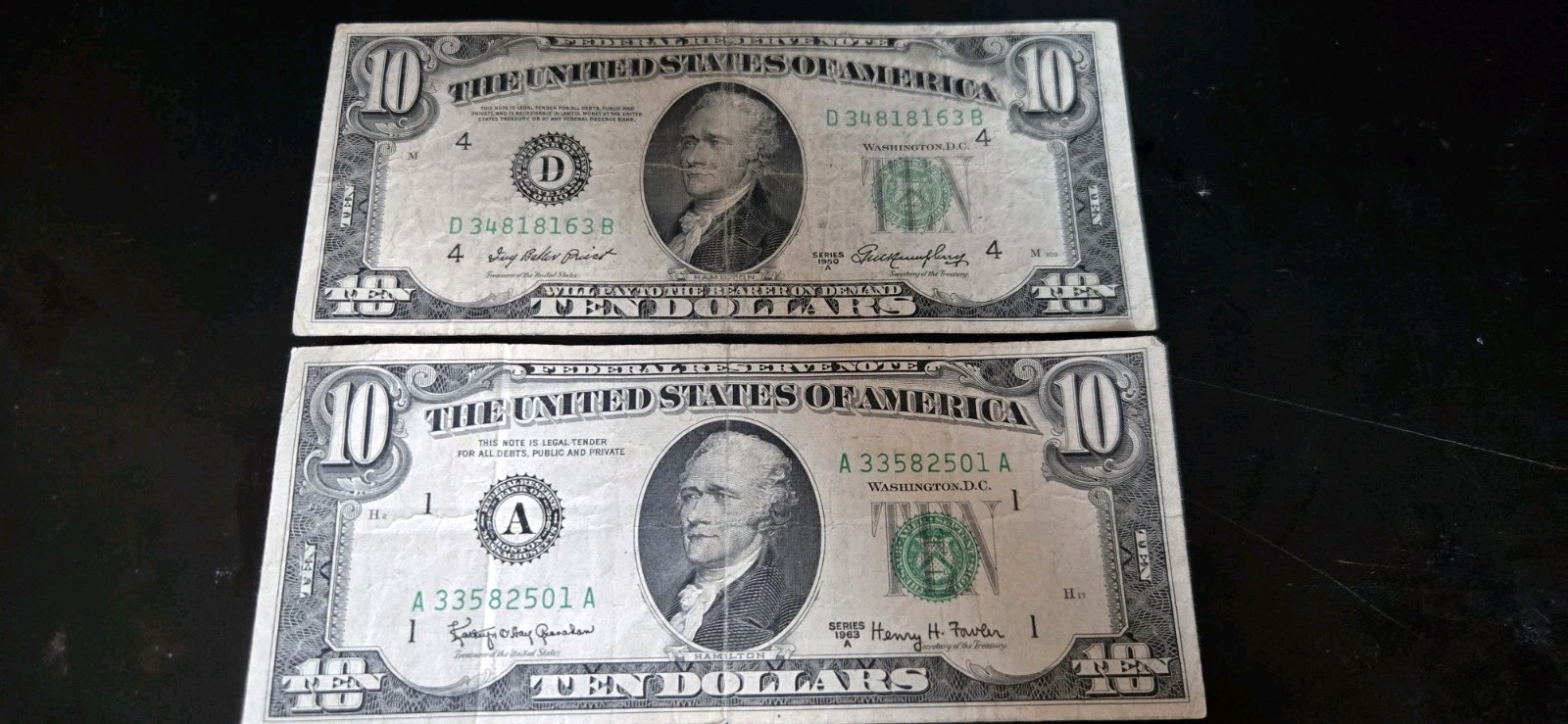 1950A $10 Dollar Bill, 1963A $10 Dollsr Bill. Federal Reserve Note, Green Seal. 1950A $10 Dollar Bill, 1963A $10 Dollsr Bill. Federal Reserve Note, Green Seal.