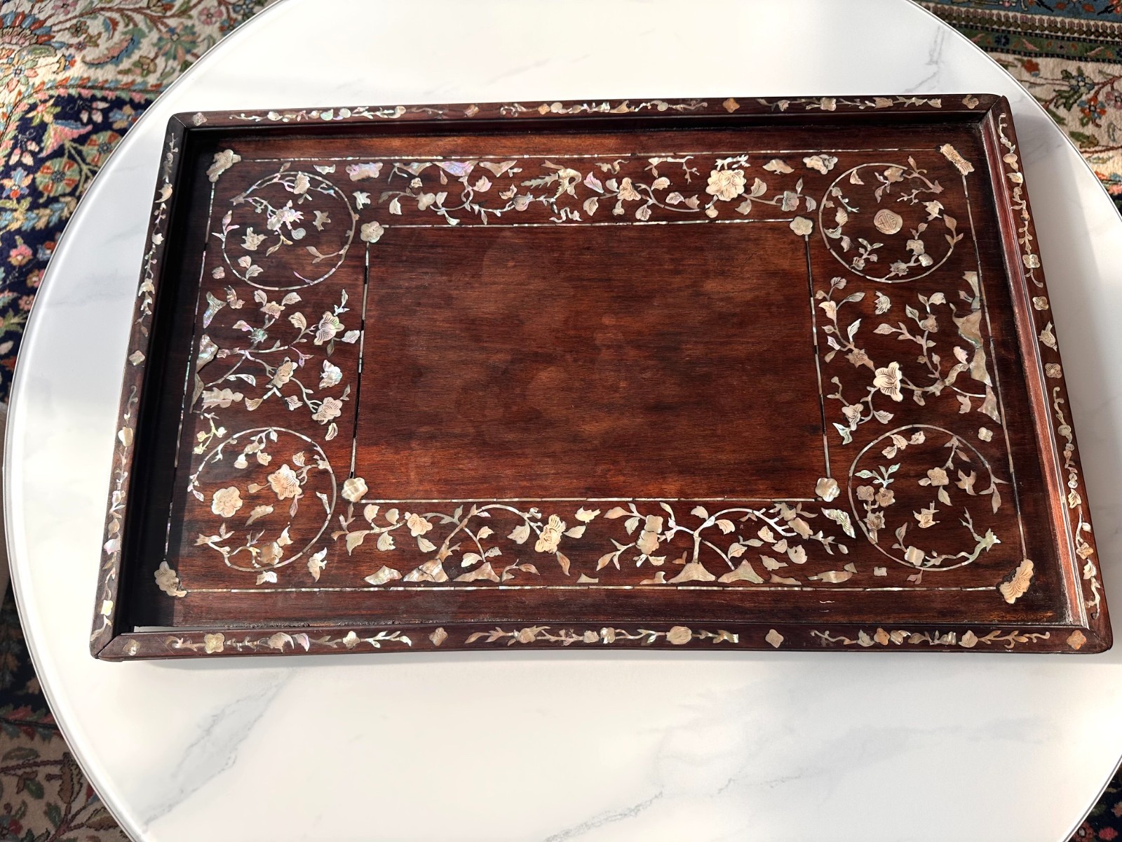 Antique Vietnamese Nguyen Dynasty Mother Pearl Inlaid Wood Tray 19th C 24.5”