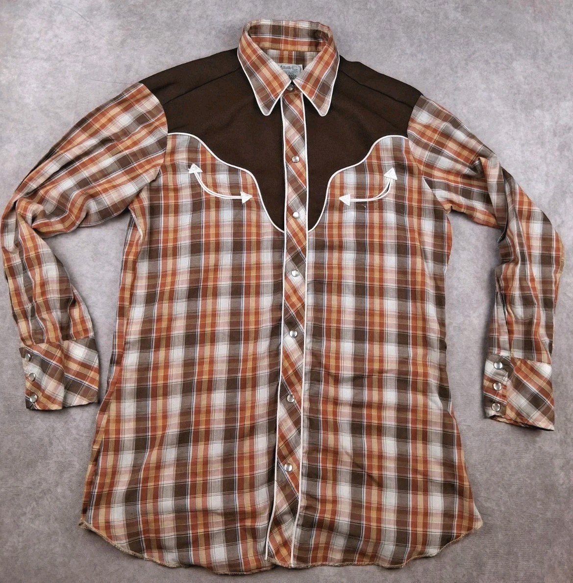 Vintage H Bar C Shirt 15.5 33 Medium Yoke Plaid Smile Pocket Pearl Snap True USA