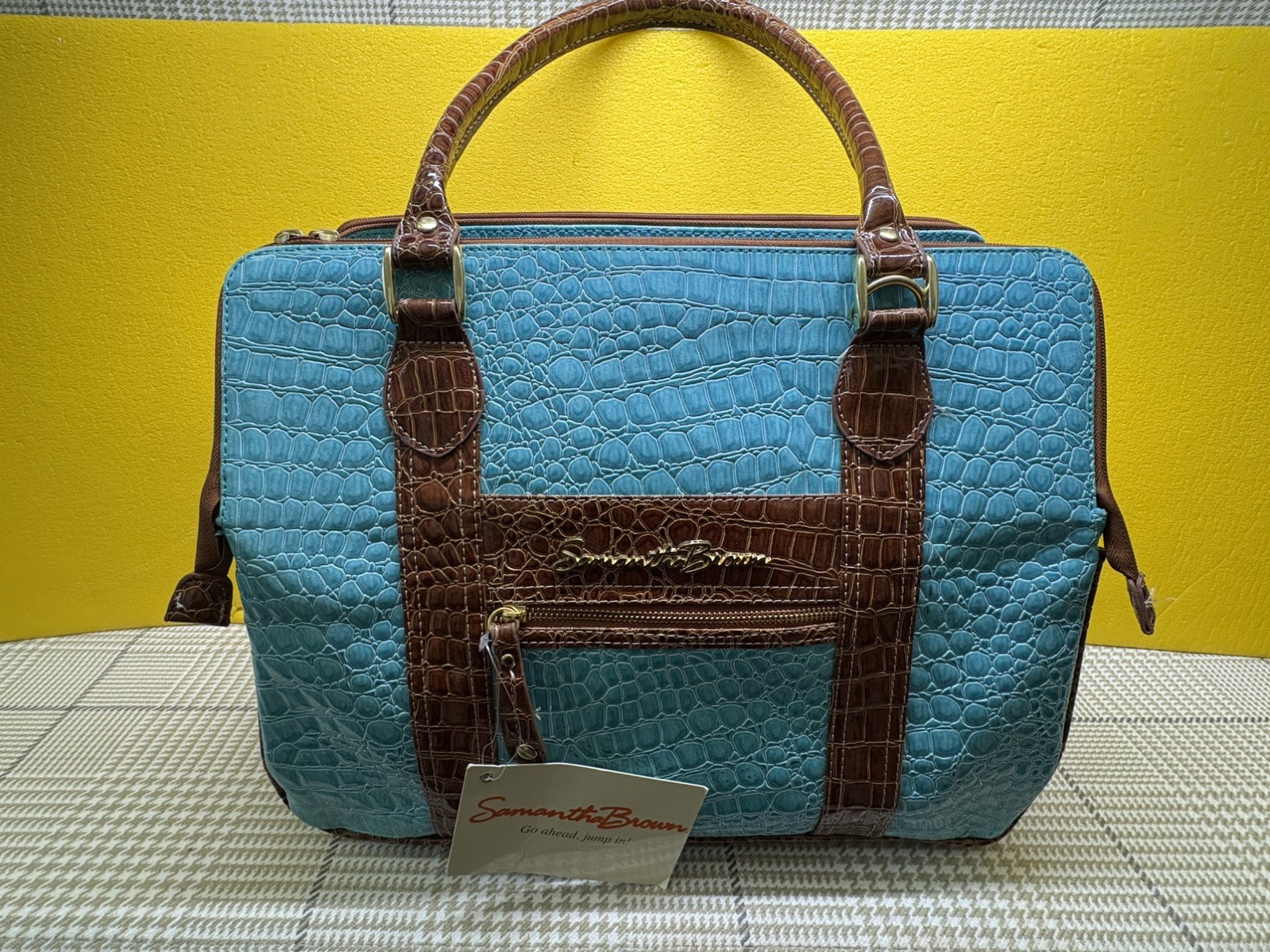Samantha Brown Embossed Crocodile Print Blue Brown Weekender Briefcase Bag Samantha Brown Embossed Crocodile Print Blue Brown Weekender Briefcase Bag