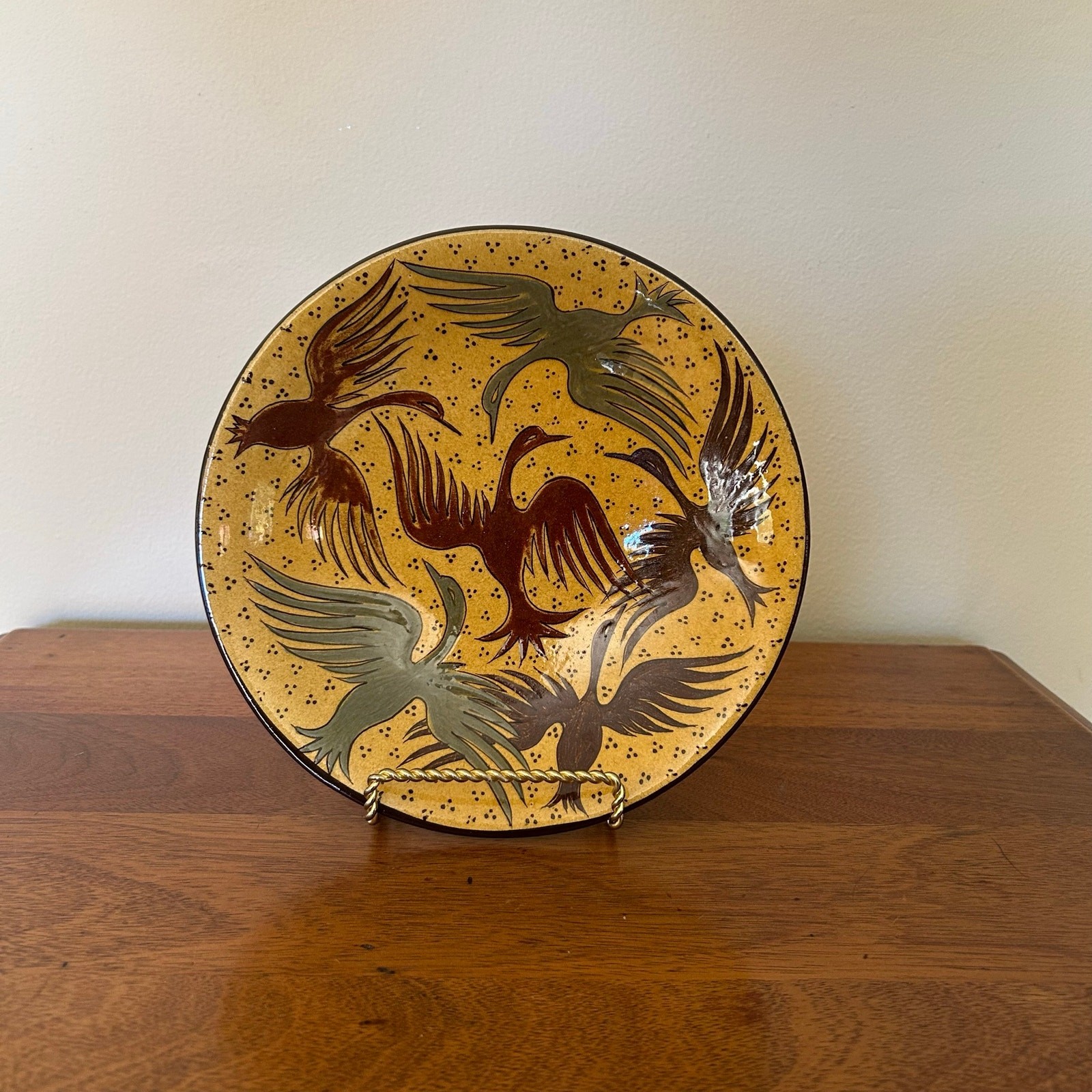 Vintage Phoenix Ceramic Dish Plate Brown Drip Glaze Yellow Orange Bird 8.5\