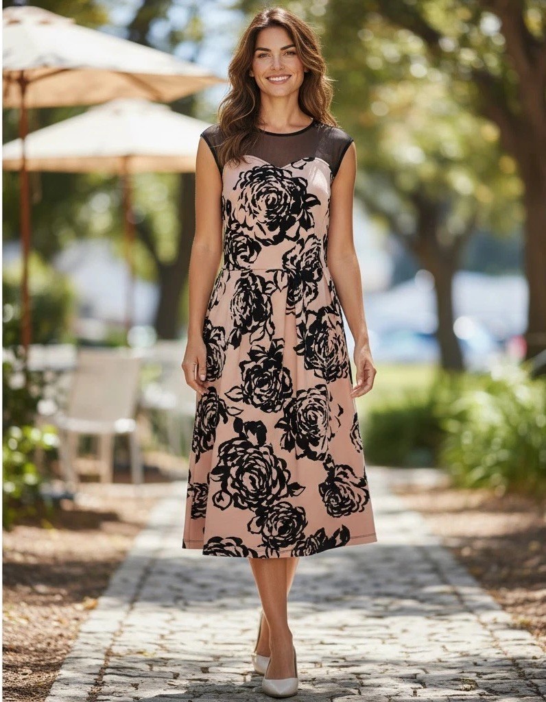 En Focus Studio Women\'s Blush Pink & Black Velvet Rose Mesh Yoke Dress Size 12