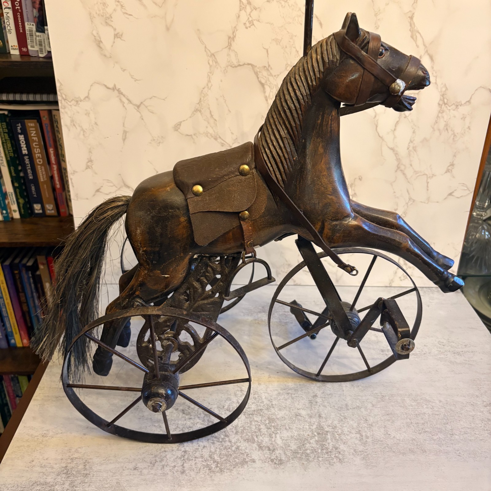 Vintage Wooden Horse Tricycle Pedal Toy Leather Saddle Metal Wheels Folk Art Dec