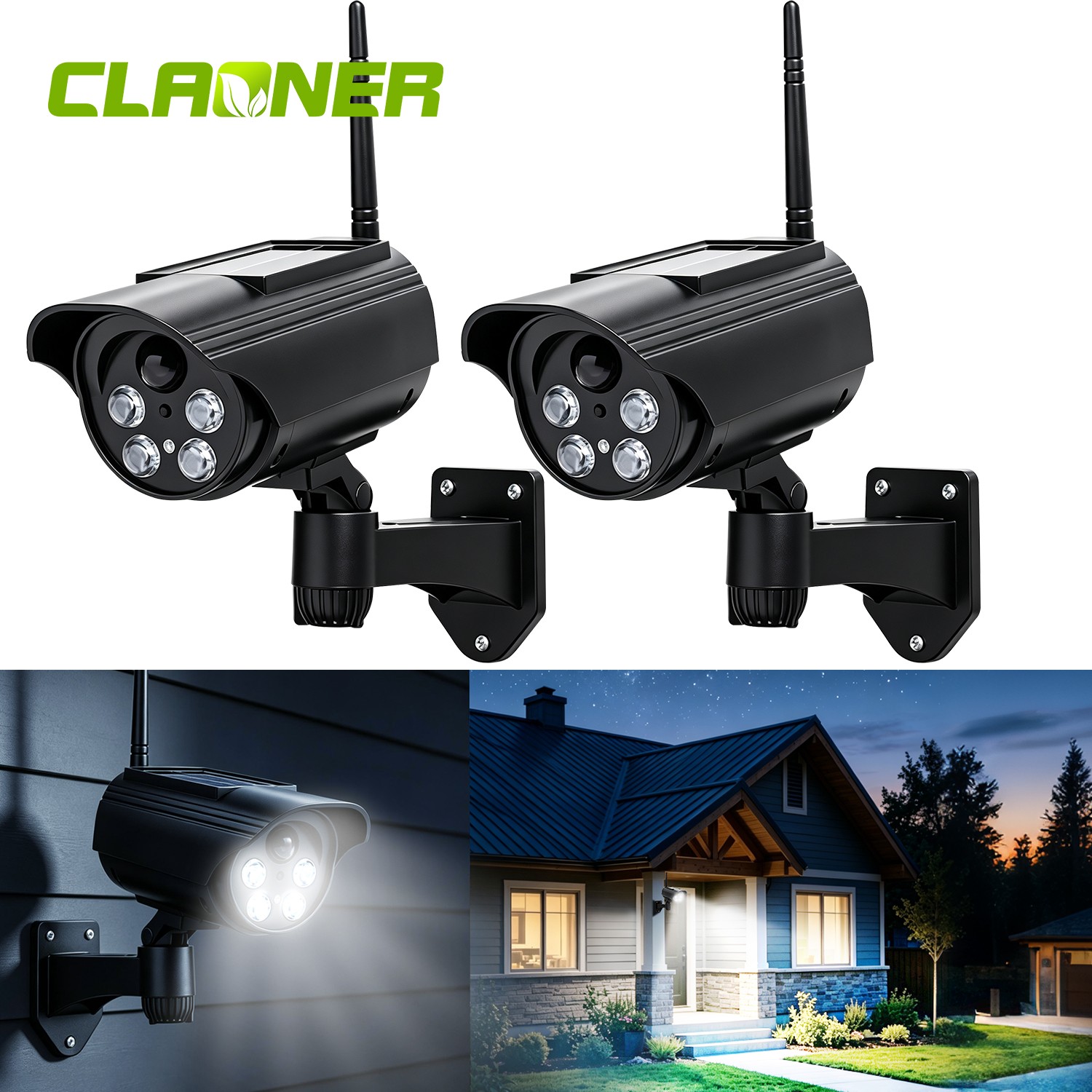 2PC Solar Motion Sensor Lights Outdoor Wireless LED Flood Security Spotlights