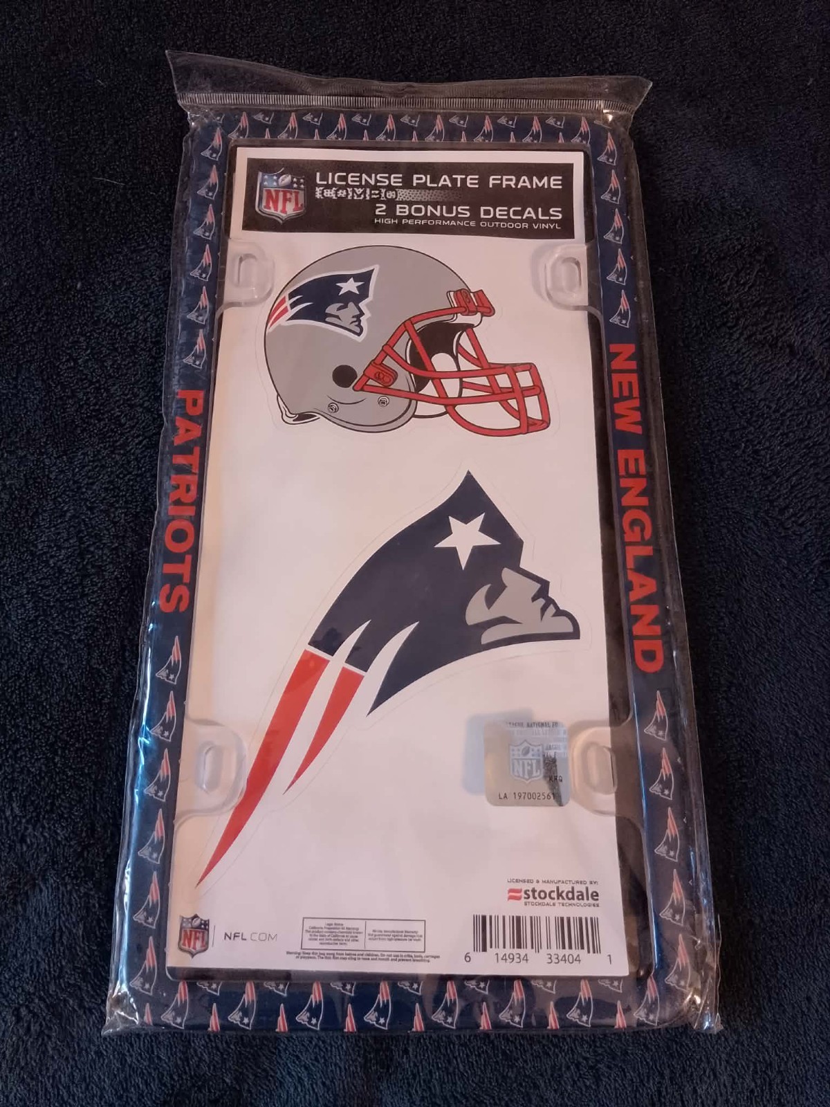 New England Patriots NFL License Plate Frame + 2 Decals Stockdale NEW Sealed