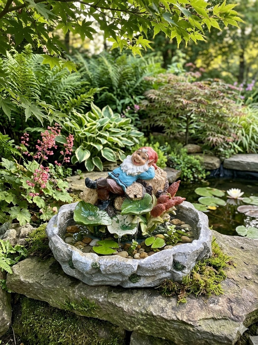 Vintage Whimsical Garden Gnome Tabletop Water Fountain Working 12\