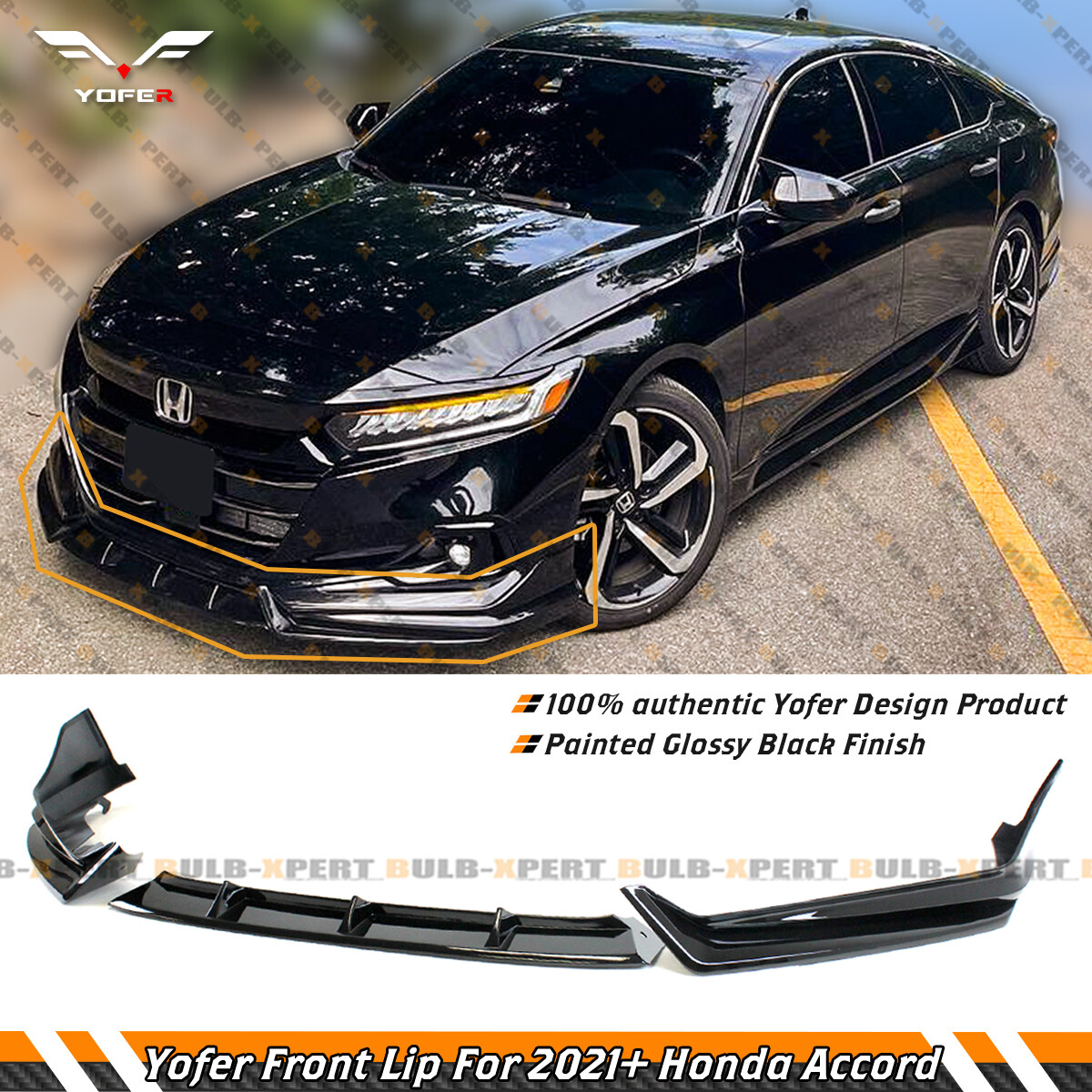 For 2021-22 Honda Accord Yofer Painted Gloss Black Front Bumper Lip Splitter Kit