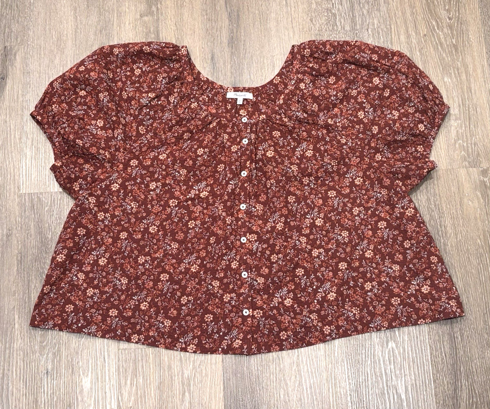 Madewell Top Womens XL Brown Ditsy Floral Puff Sleeve Button Front Cotton Blouse