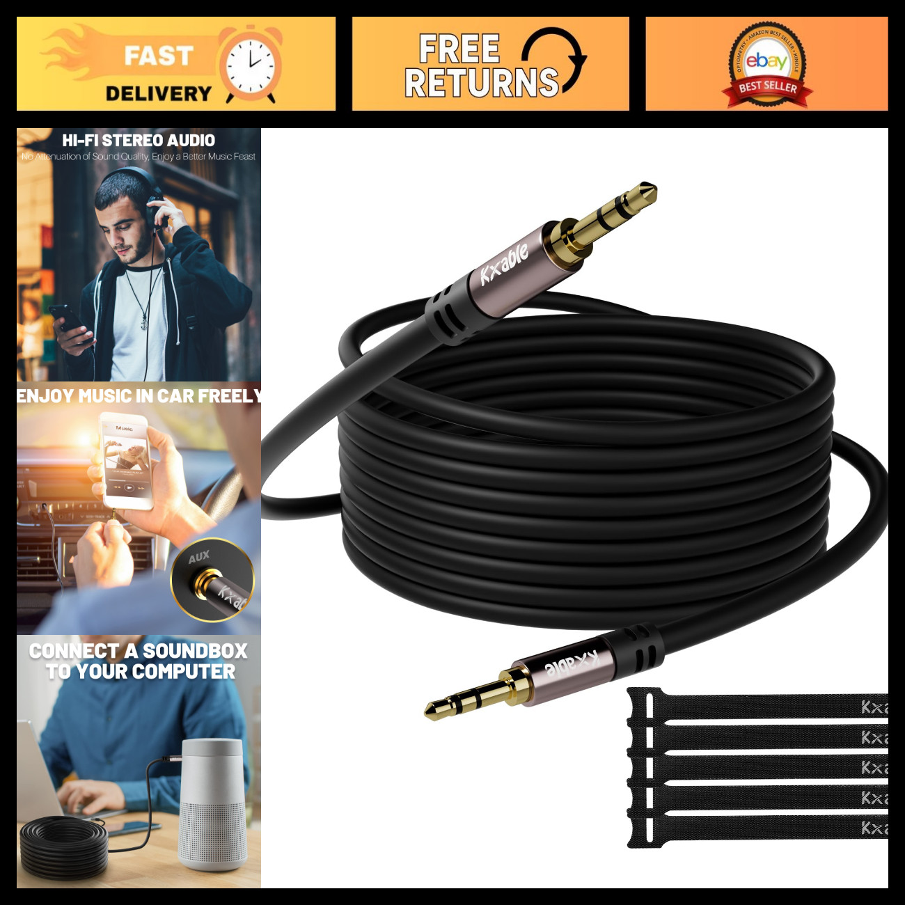 150ft 3.5mm Aux Cable - Long Male to Male Audio Cord, Gold Plated, Compatible wi