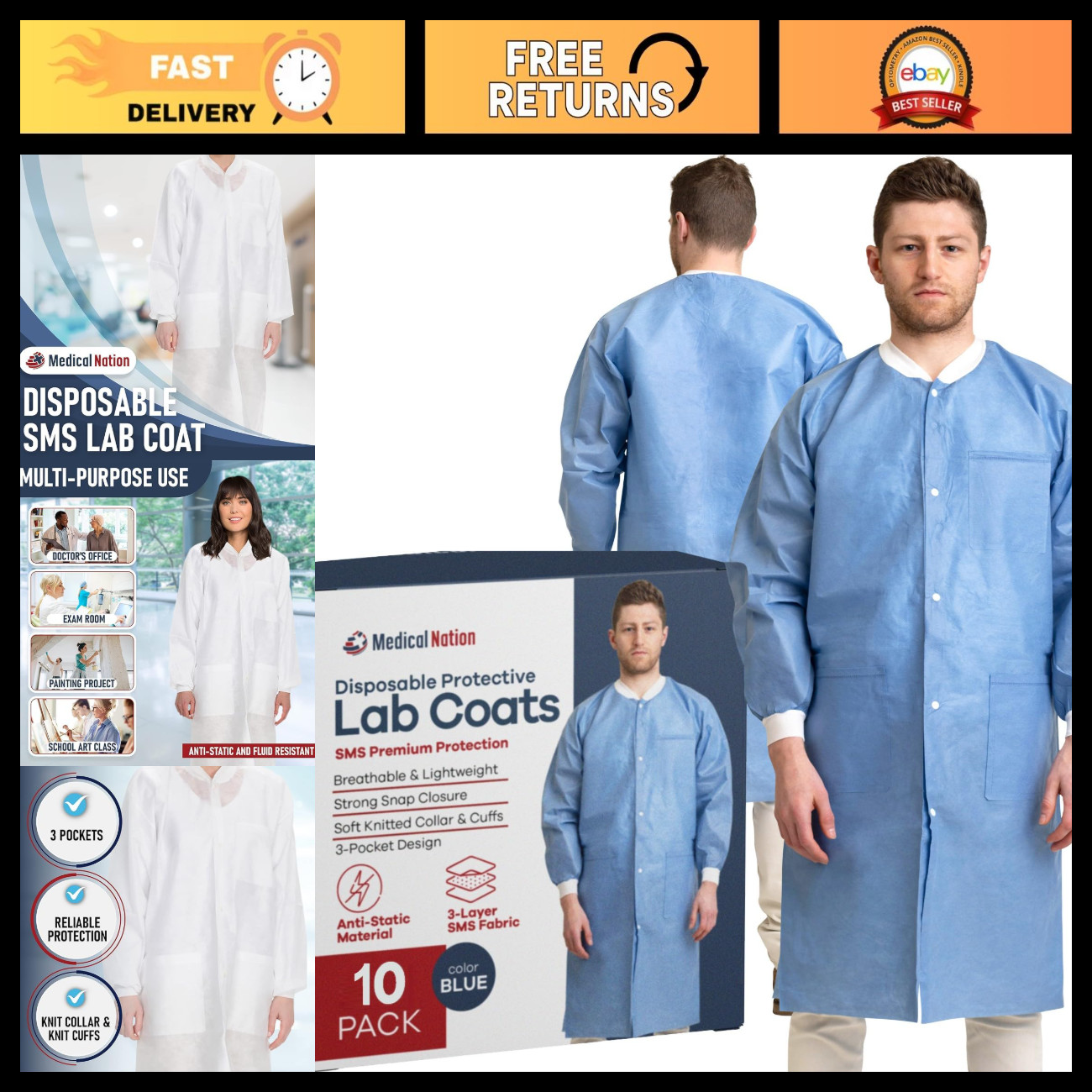 Disposable Lab Coats 10-50 Pack | Adult Lab Coats with Knit Cuffs & Pockets, S-5 Disposable Lab Coats 10-50 Pack | Adult Lab Coats with Knit Cuffs & Pockets, S-5