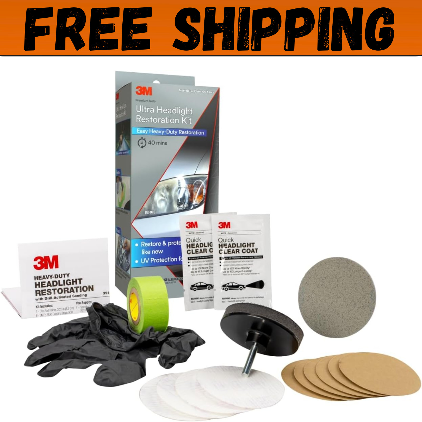 3M Ultra Headlight Restoration Kit Contains Masking Tape Light Sanding Discs