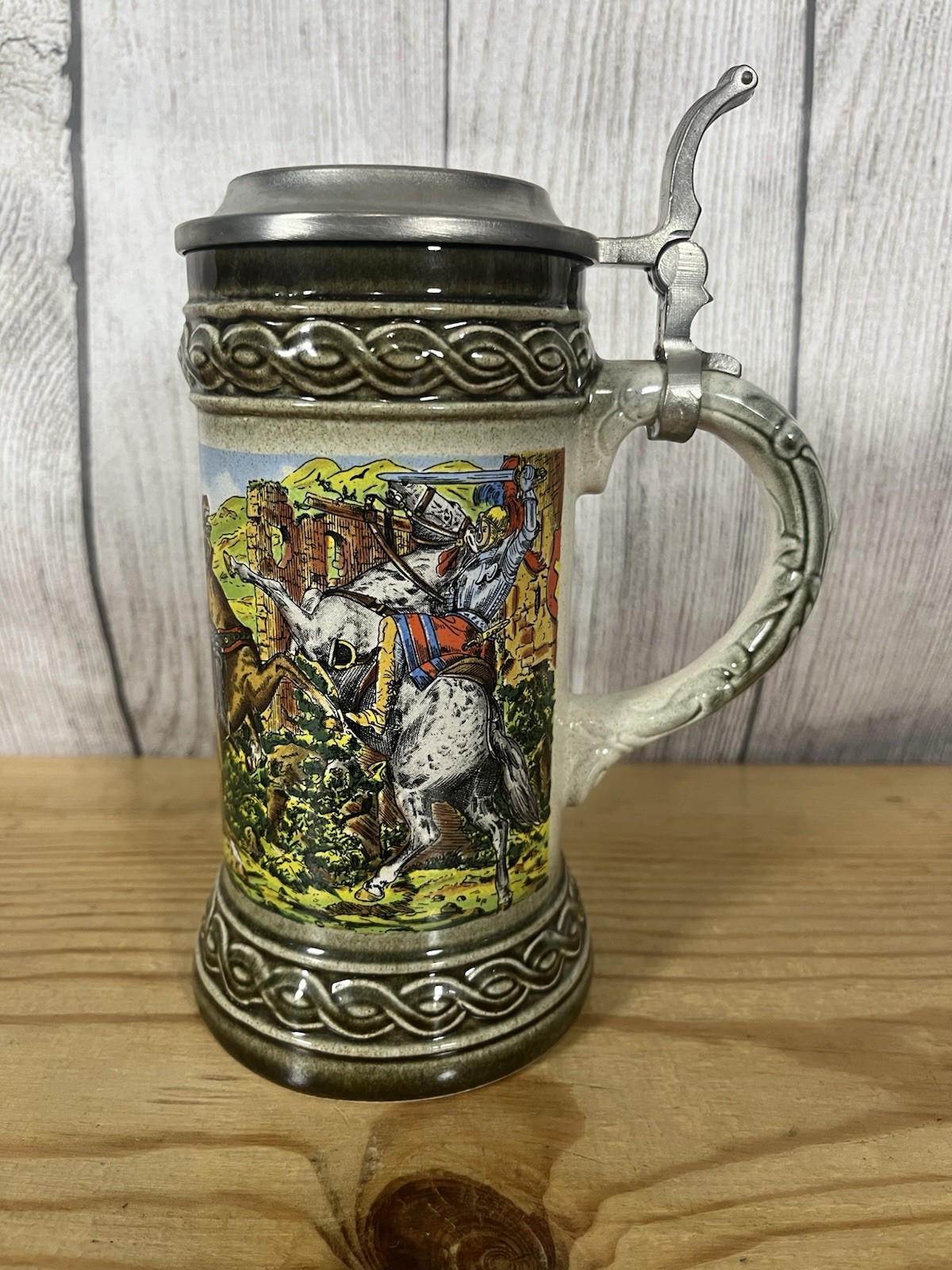 Vintage Gerz Beer Stein With Cavalry Solider Battle Scene With Pewter Lid.