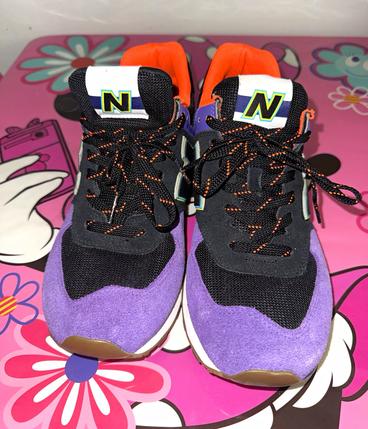 New Balance 574 Men\'s Low Top Cushioned Suede Sneakers Purple Black Orange