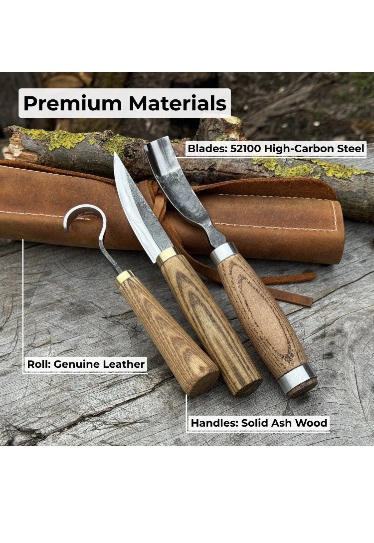 3-Piece Spoon Carving Tool Set for Beginners -Hook Sloyd Knife, 0.8'' Bent Gouge 3-Piece Spoon Carving Tool Set for Beginners -Hook Sloyd Knife, 0.8'' Bent Gouge