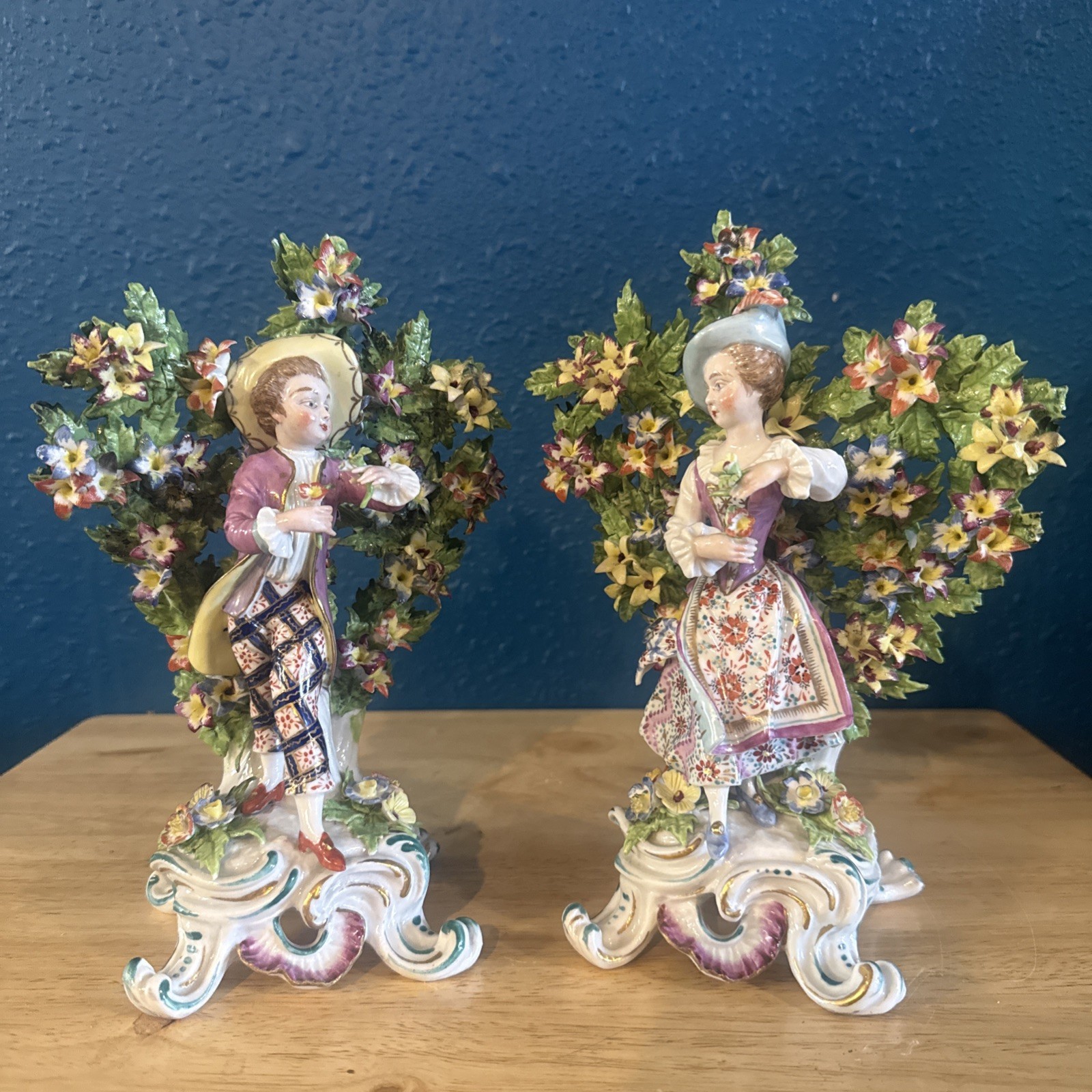Vintage Porcelain Figurine Pair Man Woman Applied Flowers Rococo Dresden Style
