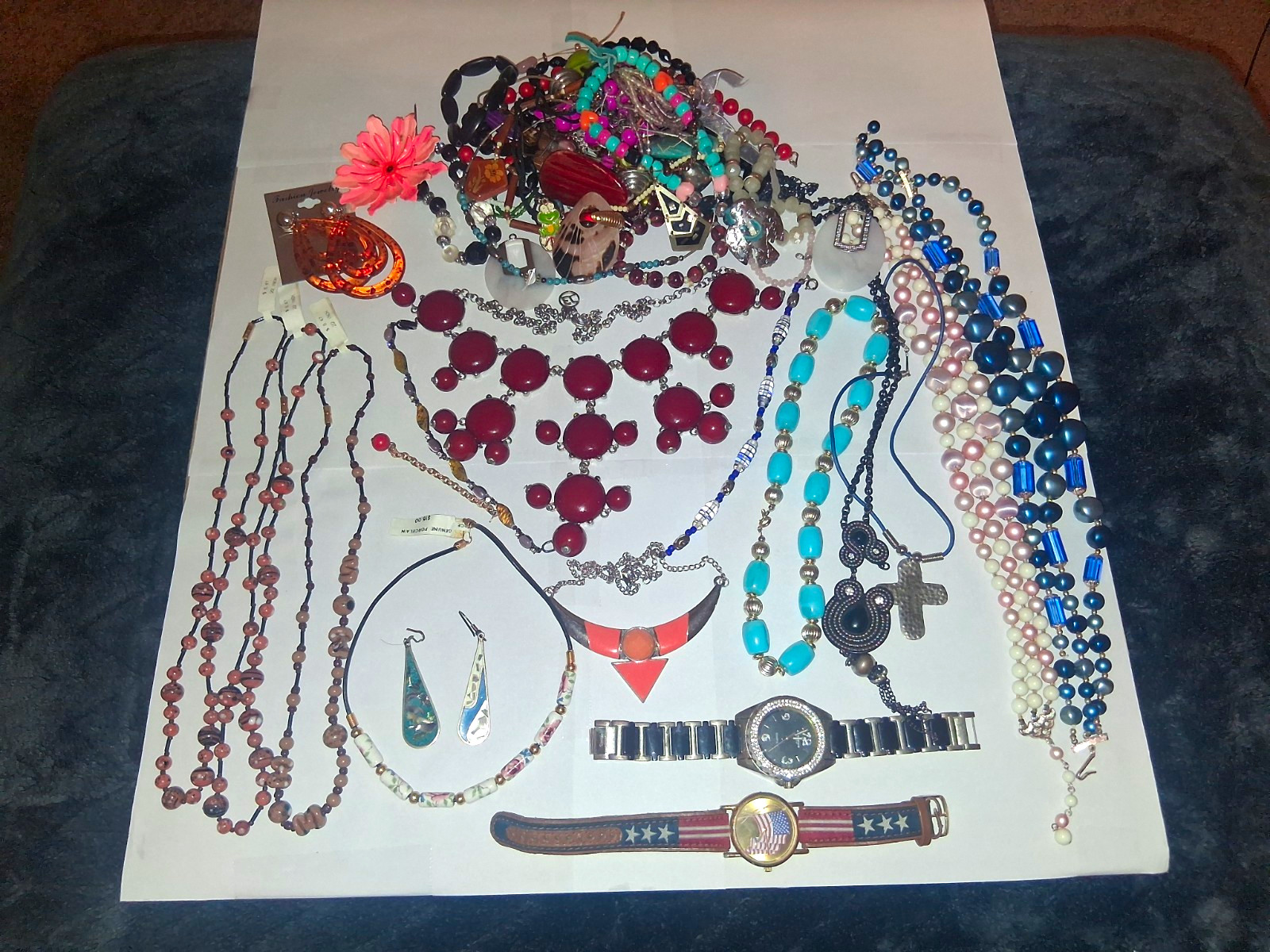 Massive Vintage Jewelry Lot 45+ Pcs, OWT Porcelain Necklace, Watches, & More