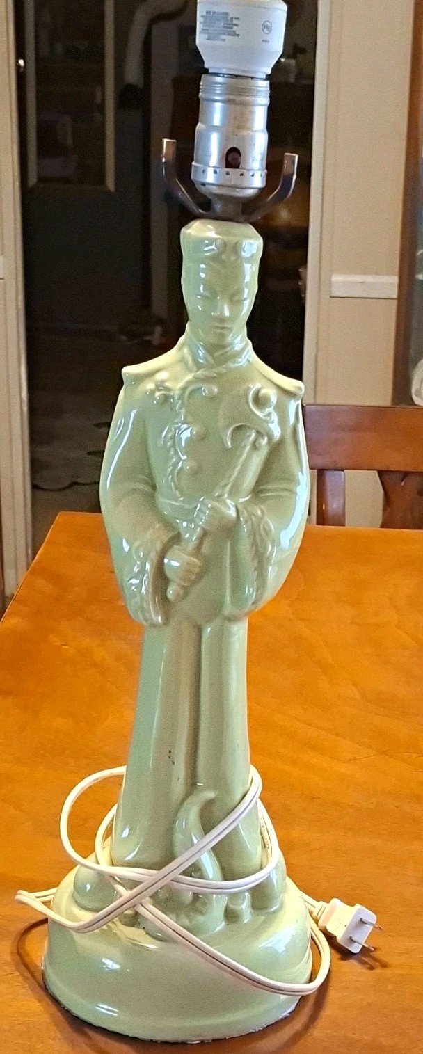 Vintage MCM Chinoiserie Green Ceramic Asian Male Warrior Table Lamp Base Kohl