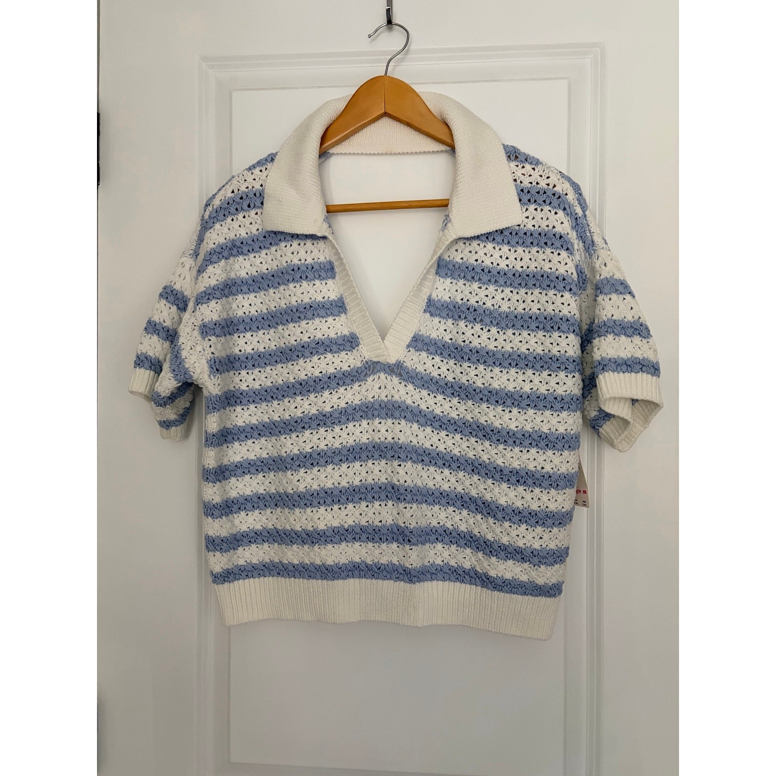 Anthropologie Maeve Grace Open-Back Polo Sweater Blue White Striped Size Medium