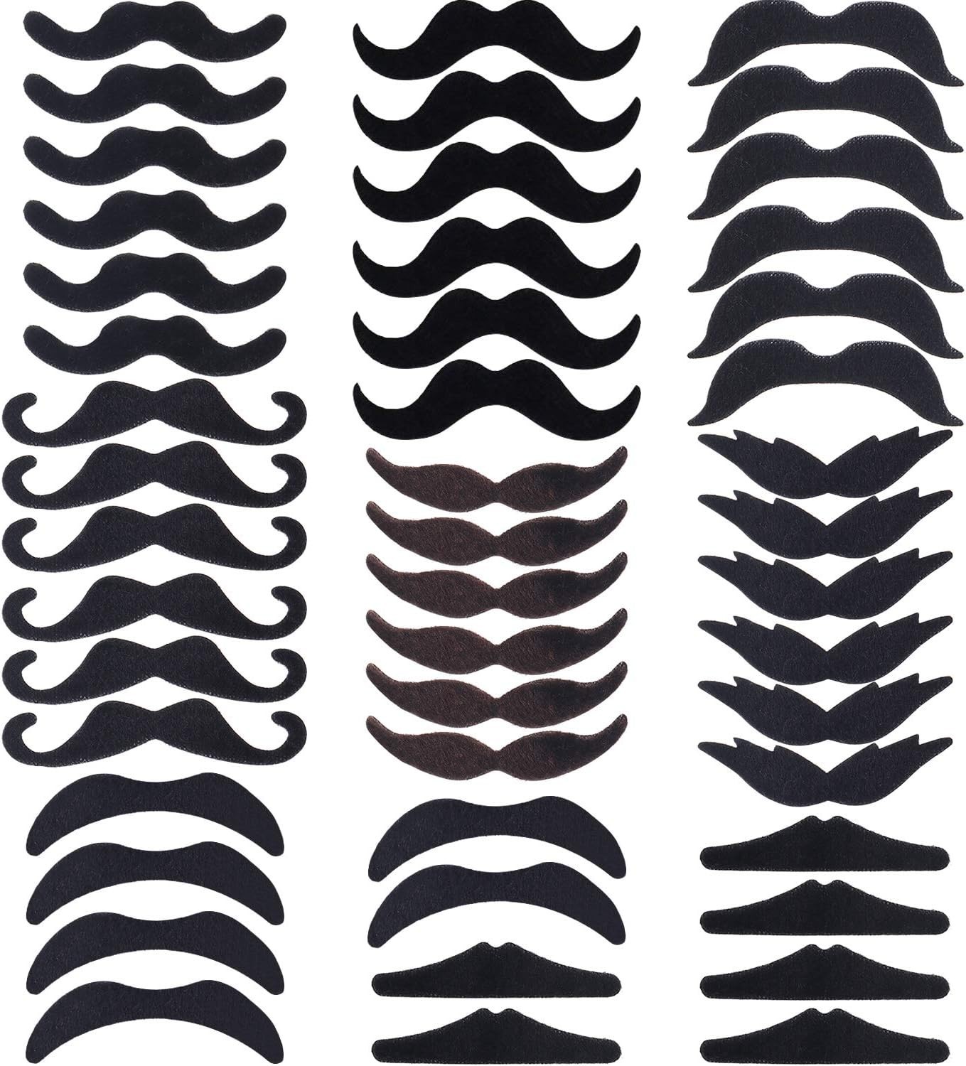 8 Unique Styles of 48 Pcs Fake Mustaches - Easy Adhesive Costume Accessory