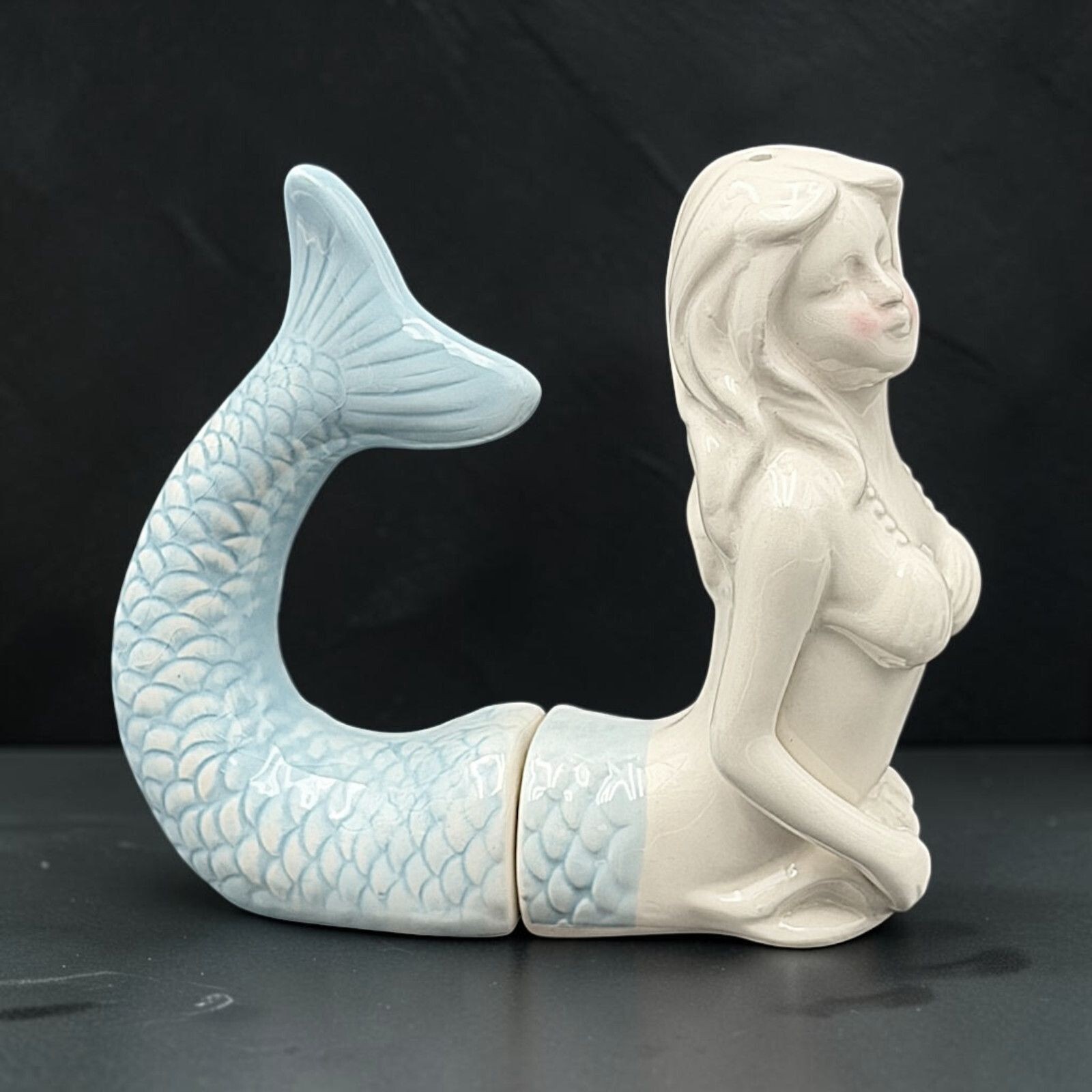 Vintage 1991 Blushing Mermaid Salt & Pepper Shaker Set Ceramic Blue and White