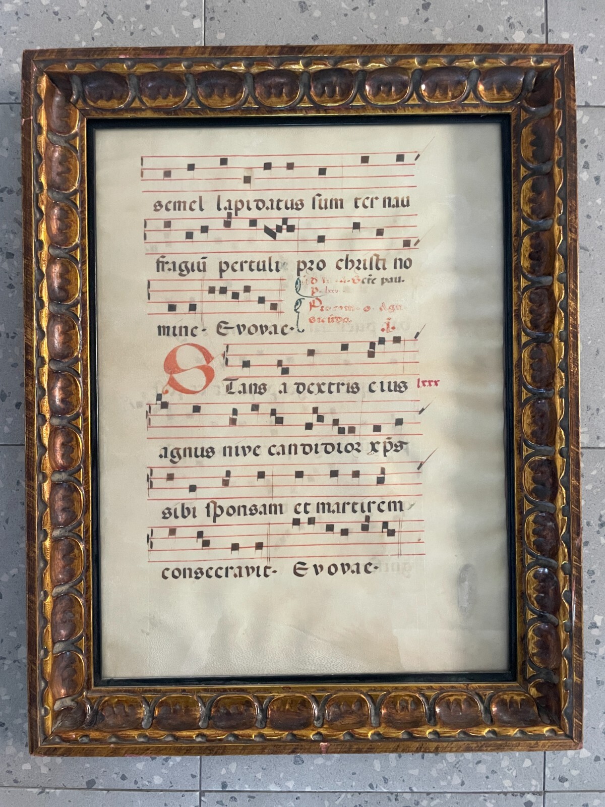 Antique Illuminated Gregorian Chant Manuscript on Vellum Framed Medieval Choir