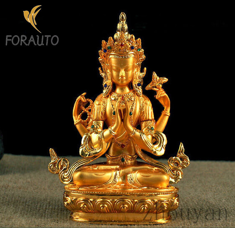 BLESSED TIBETAN BUDDHA BODHISATTVA GOLD GILT STATUE: FOUR ARMS AVALOKITESVARA =