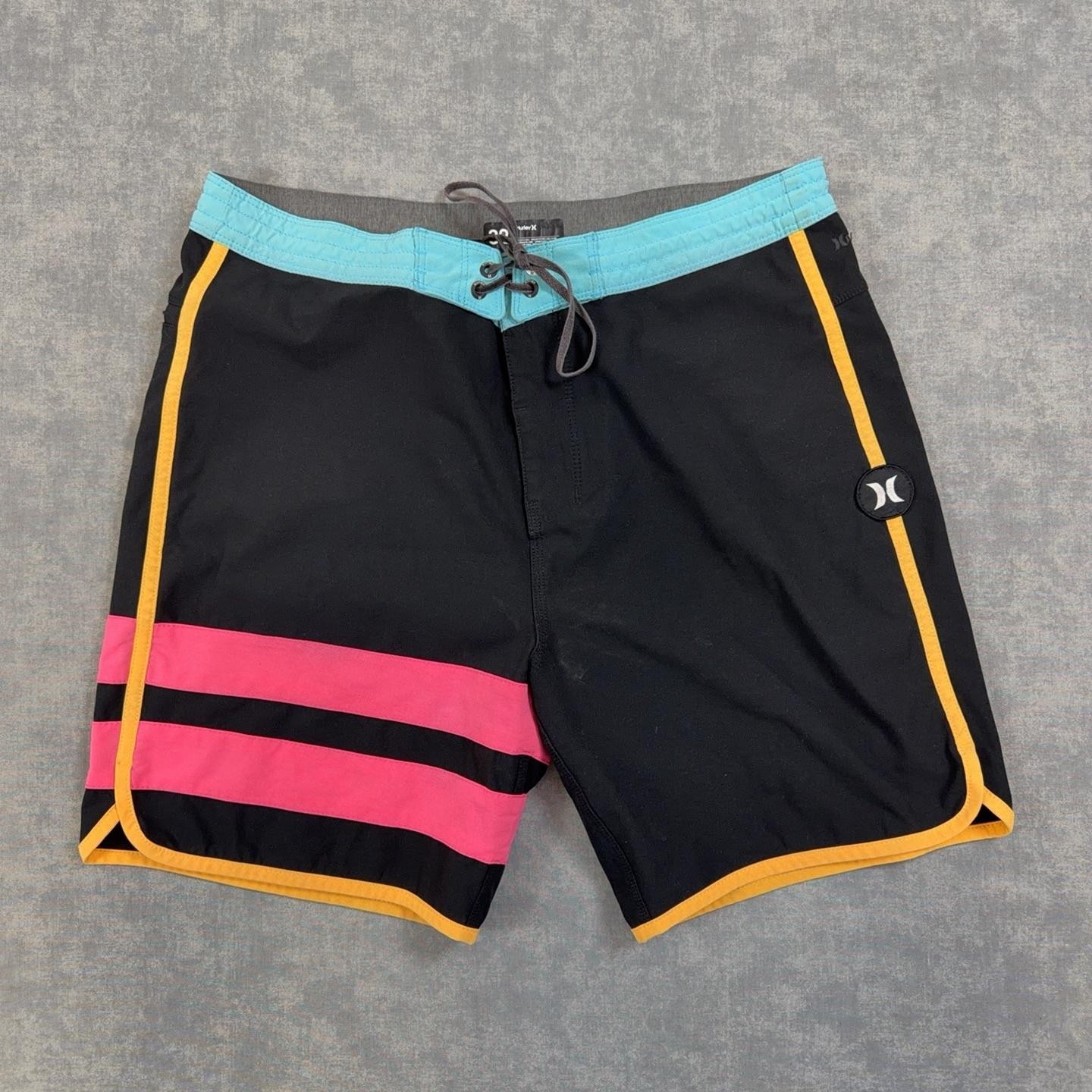 Hurley Phantom Board Shorts Mens 32 Black Pink Striped Swim Trunks Surf Beach