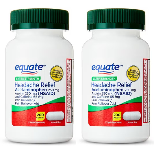 Equate Extra Strength Headache Relief Caplets, 250mg, 200 Count pack 2 Equate Extra Strength Headache Relief Caplets, 250mg, 200 Count pack 2