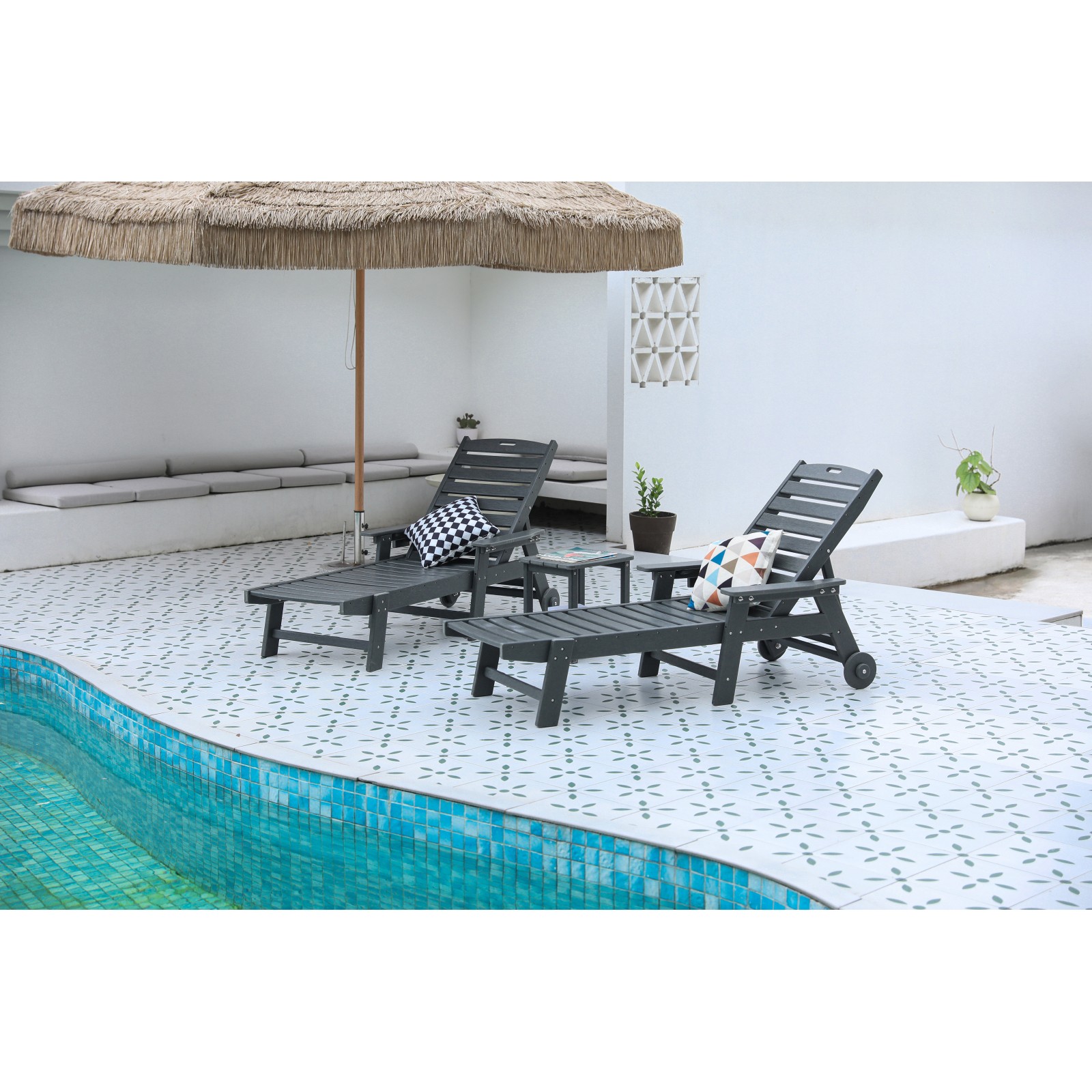 3-Piece Gray HDPE Patio Lounge Chair Set with Table & Wheels