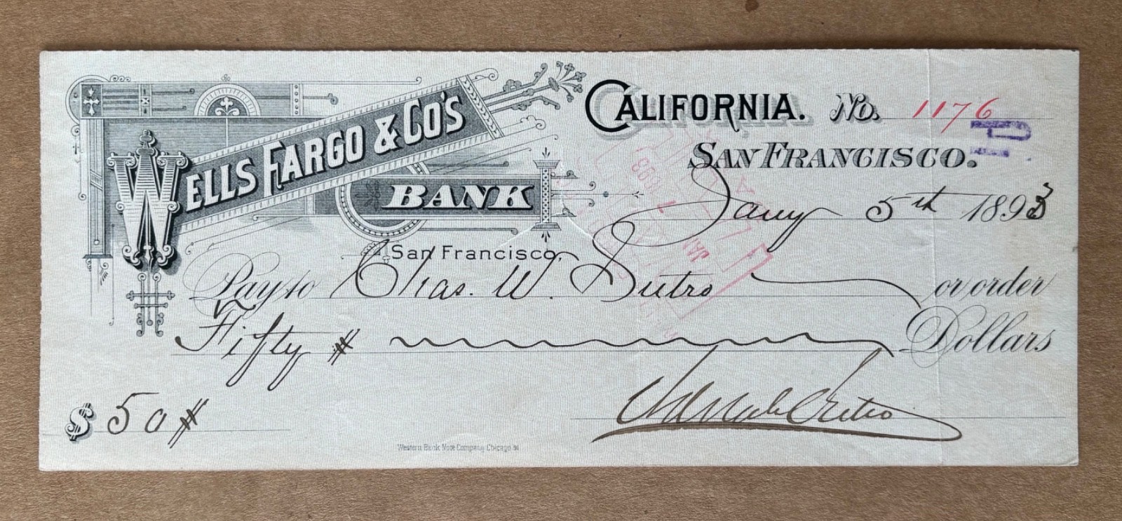 1893 Wells Fargo Check Signed Adolph Sutro to Son Charles W Sutro Virginia City