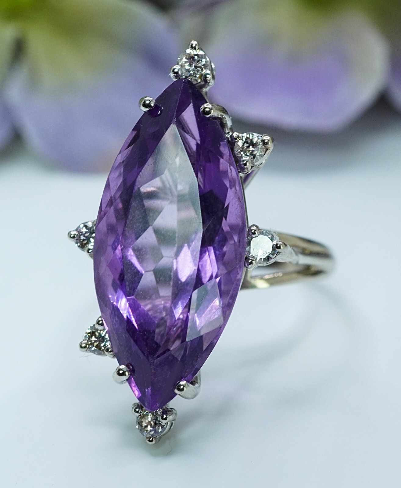 Vintage 7ct Amethyst Marquise Diamond Ring 14K White Gold  Large