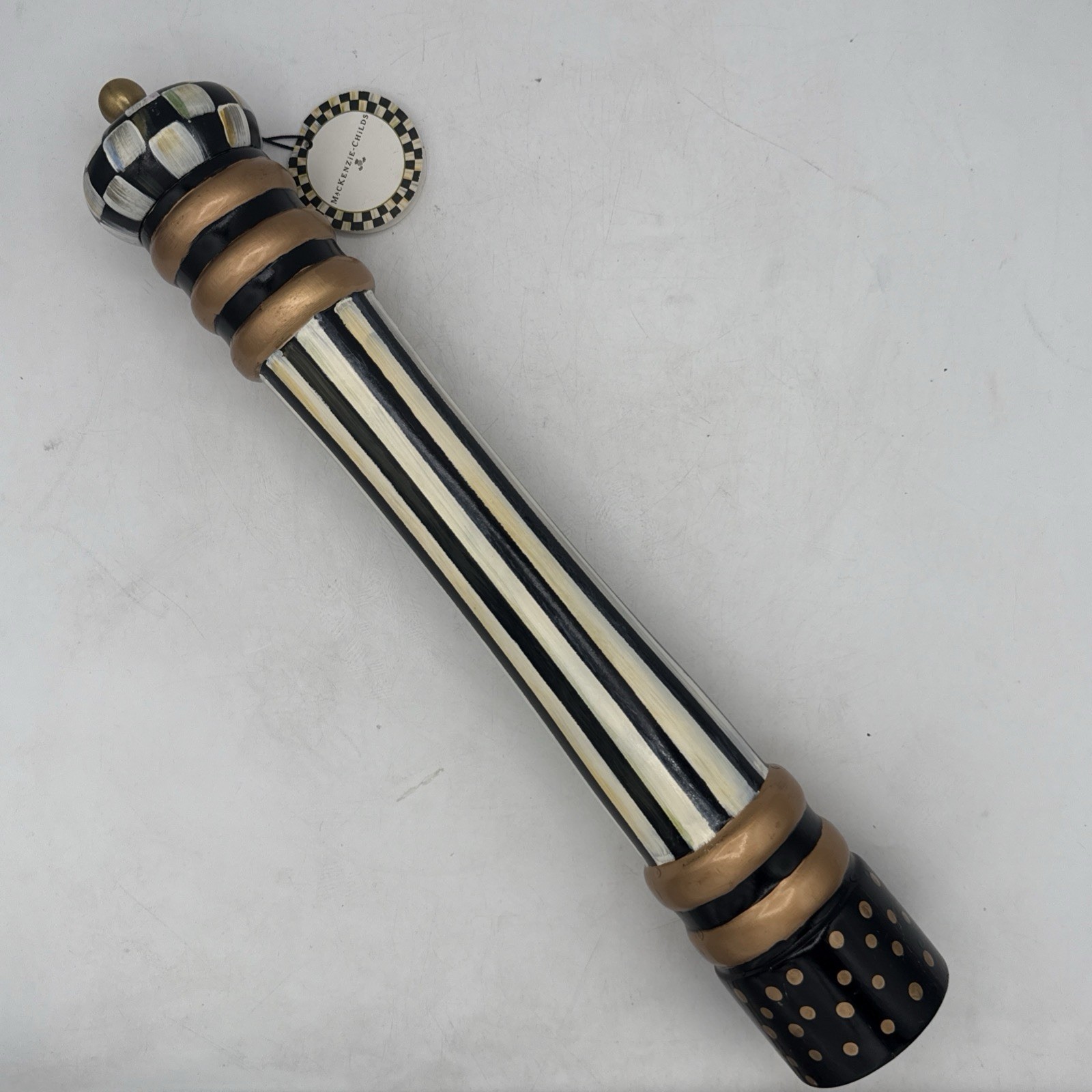 RARE Mackenzie Childs COURTLY CHECK WOOD PEPPER MILL GRINDER 16 1/2” Tall NWT RARE Mackenzie Childs COURTLY CHECK WOOD PEPPER MILL GRINDER 16 1/2” Tall NWT