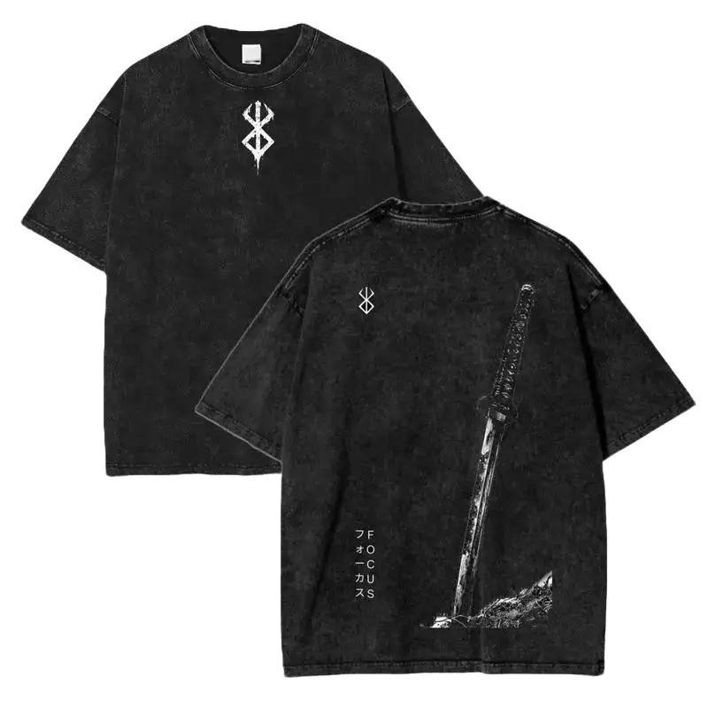 Men's Vintage Acid Wash Berserk Guts Anime Graphic T-Shirt - Oversized, Cozy Loo
