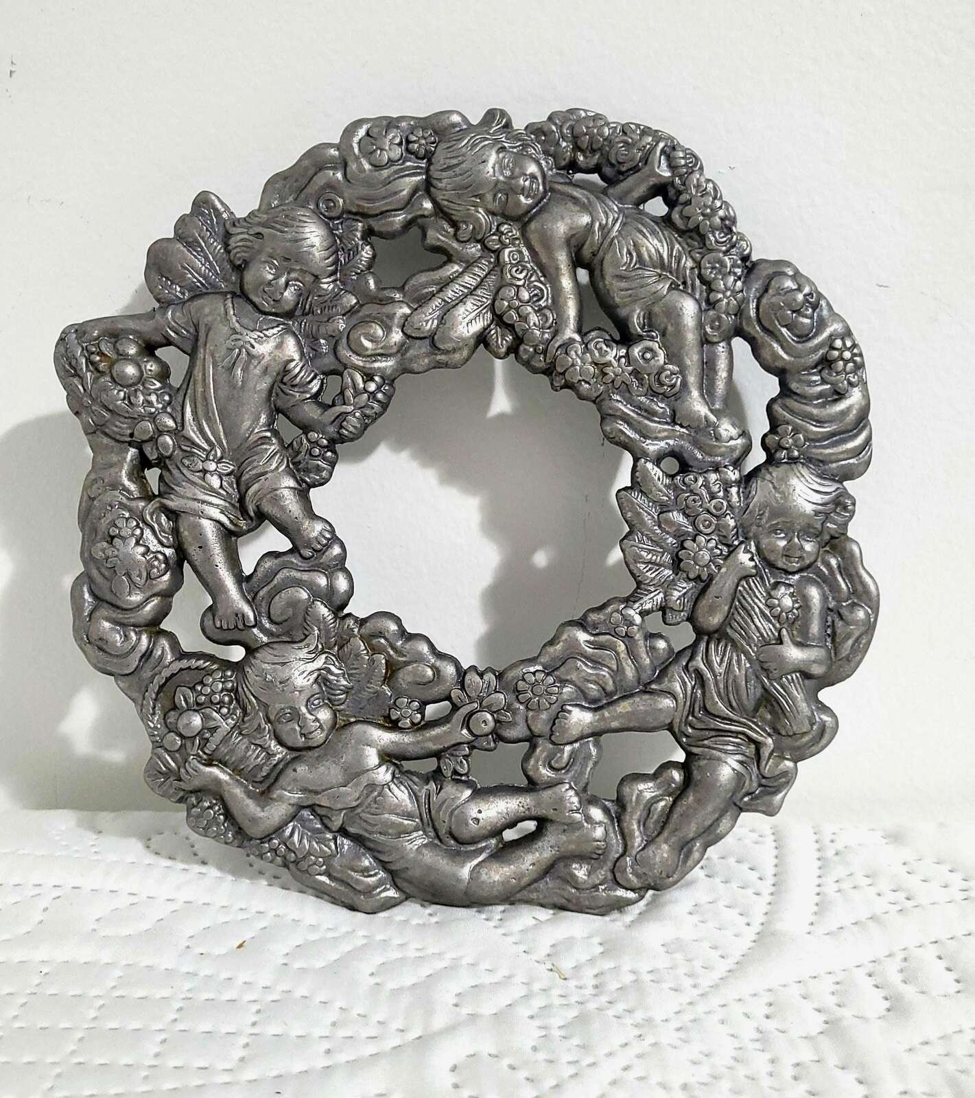 Vintage Cherub Wreath Wall Art, Silver Plated Trivet, Victorian Celestial Decor Vintage Cherub Wreath Wall Art, Silver Plated Trivet, Victorian Celestial Decor