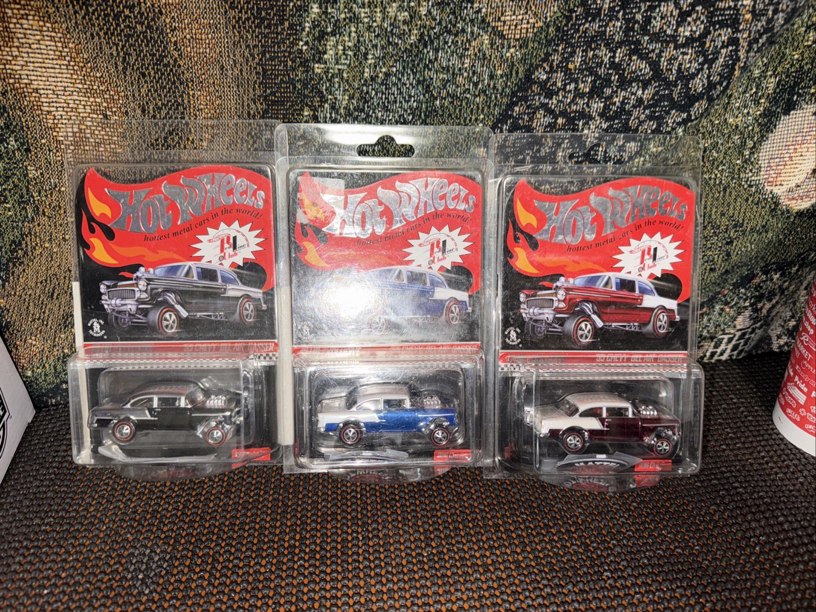 3 Hot Wheels RLC \'55 Chevy Bel Air Gassers Red Black Blue Club Cars W/buttons